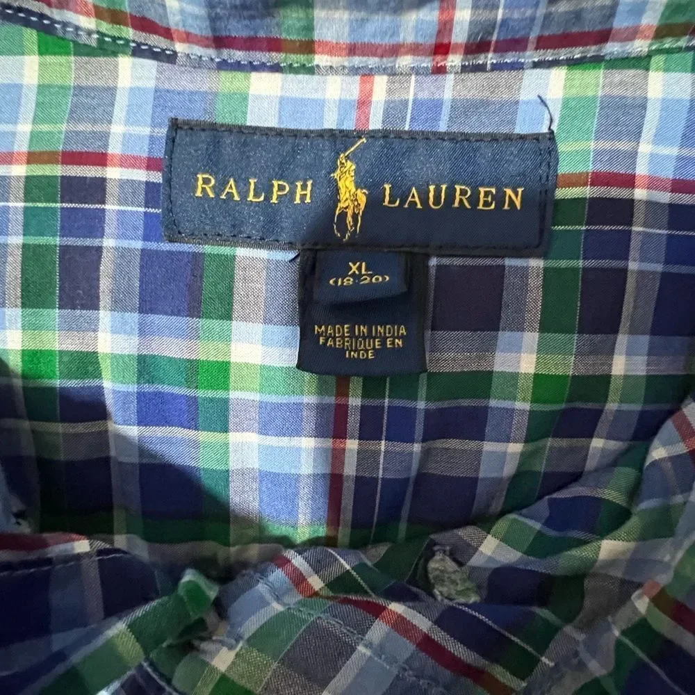 Ralph Lauren Button Down Short Sleeve Blue Plaid Boys Preppy Casual Shirt Sz XL